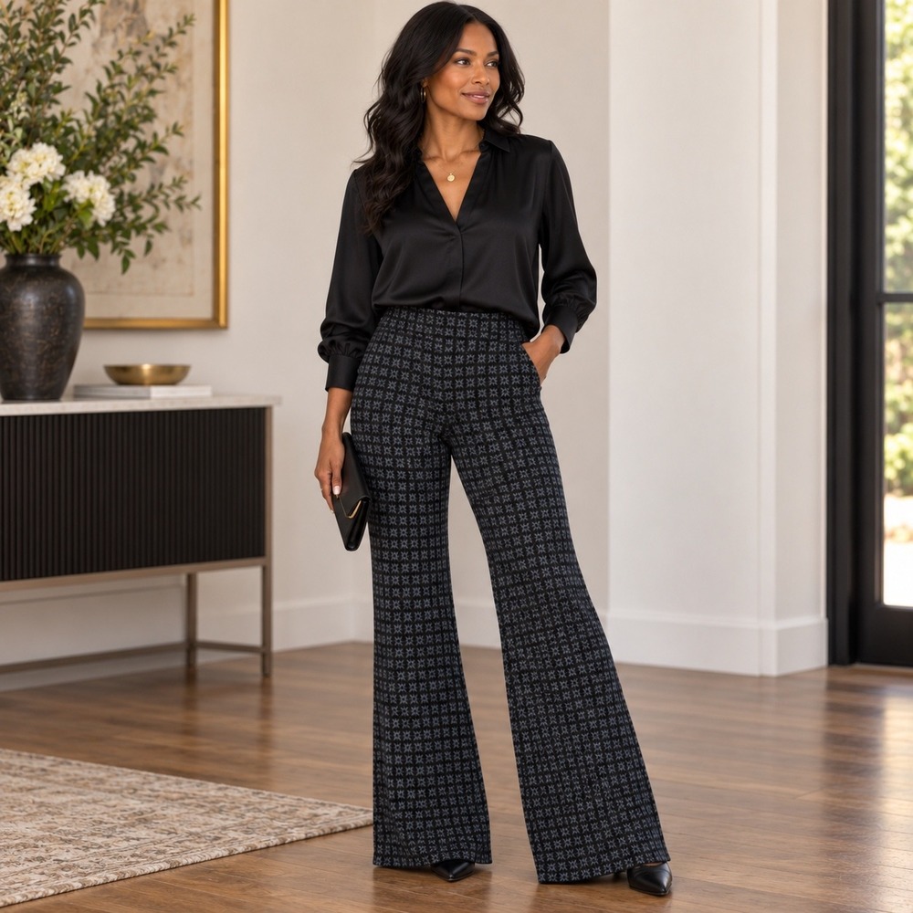Max Studio London Knit Flare Pants Womens M Black Blue Geometric Pull-On Stretch